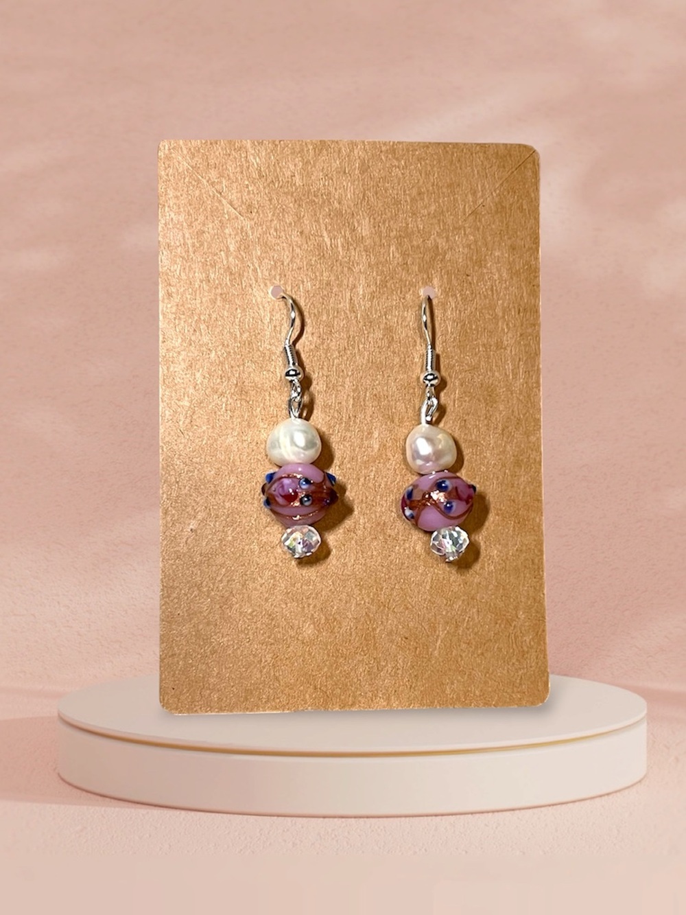 Handmade Freshwater Pearl, Pink Wedding Cake Glass Bead & AB crystal Earrings